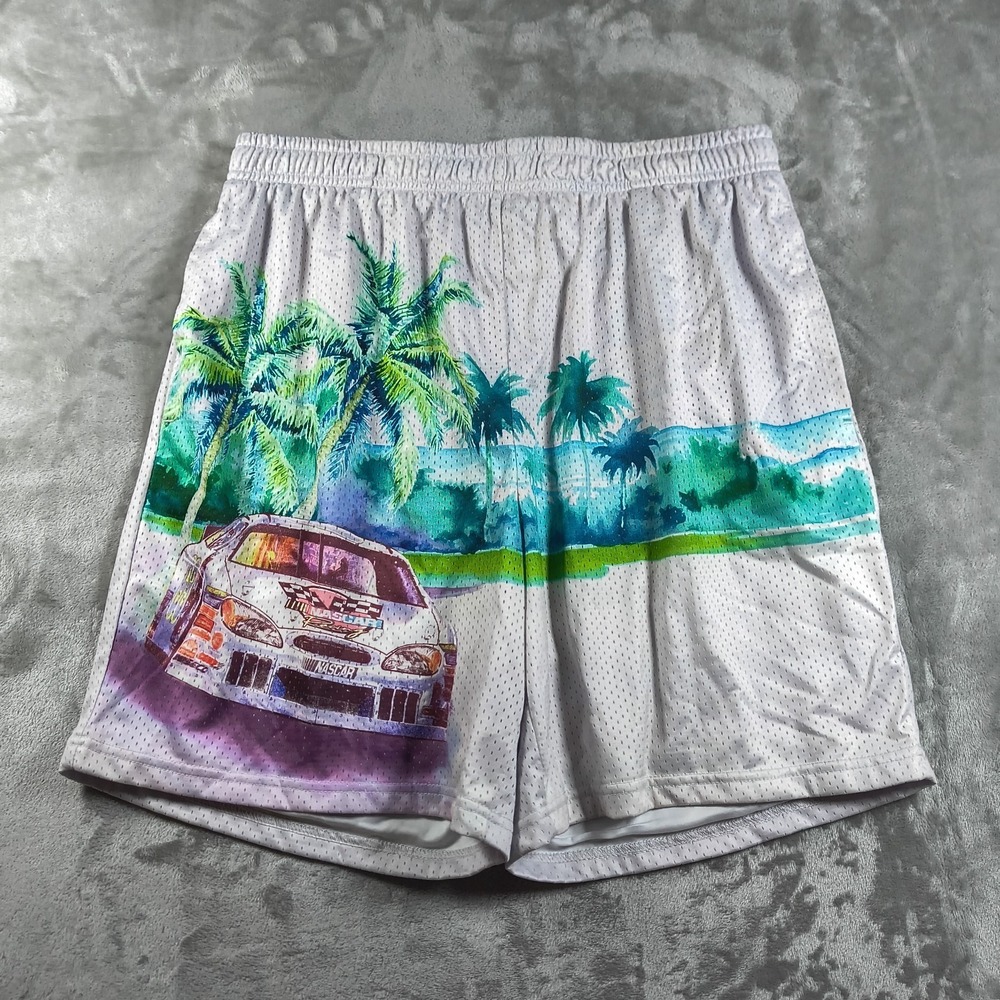 Nascar Mesh Shorts Mens Medium White Racing Elastic Waist Cars